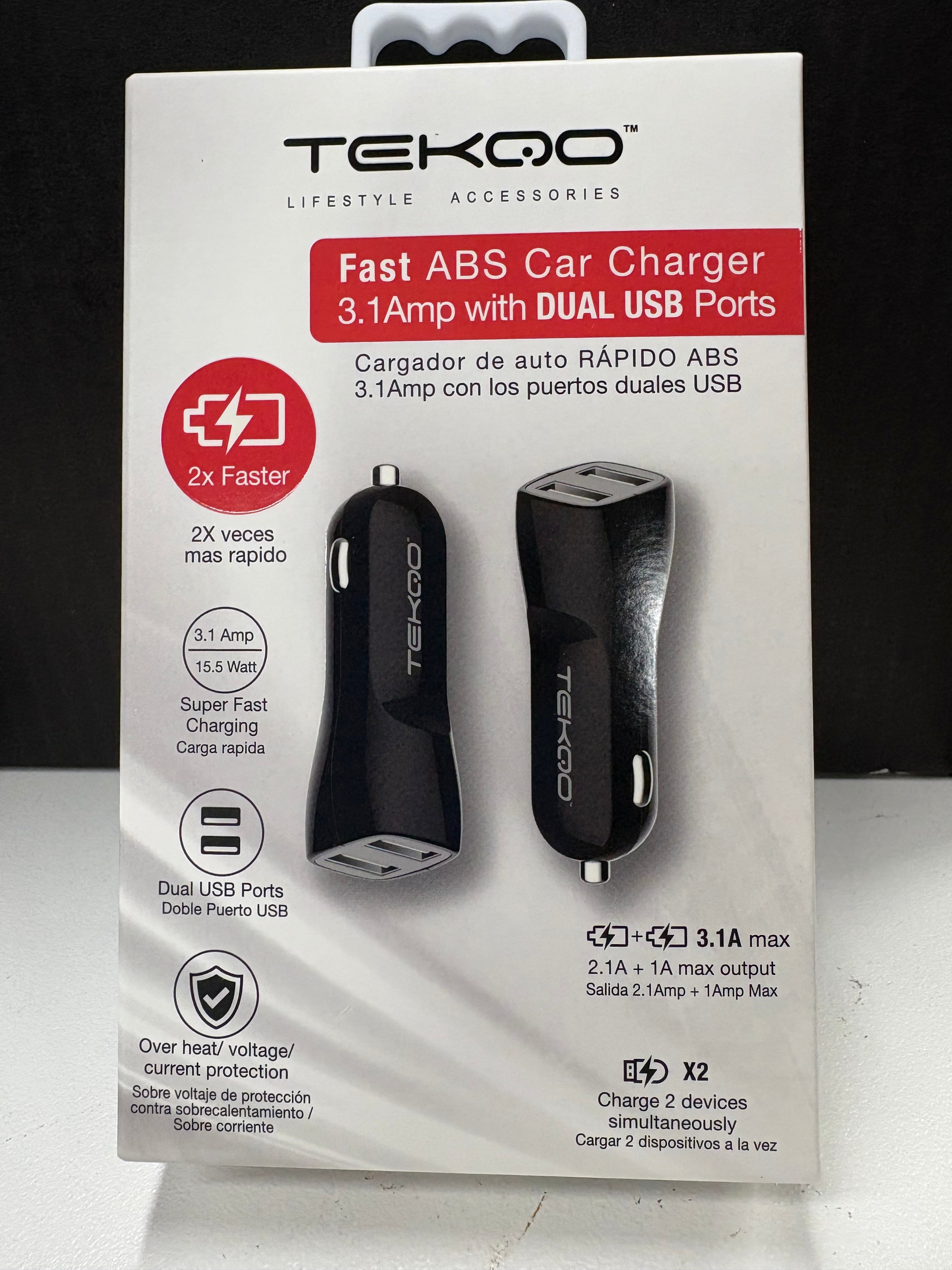 TEKQO Fast ABS Car Charger 3.1 AMP with dual USB Ports TEKQO Fast ABS Car Charger 3.1 AMP with dual USB Ports